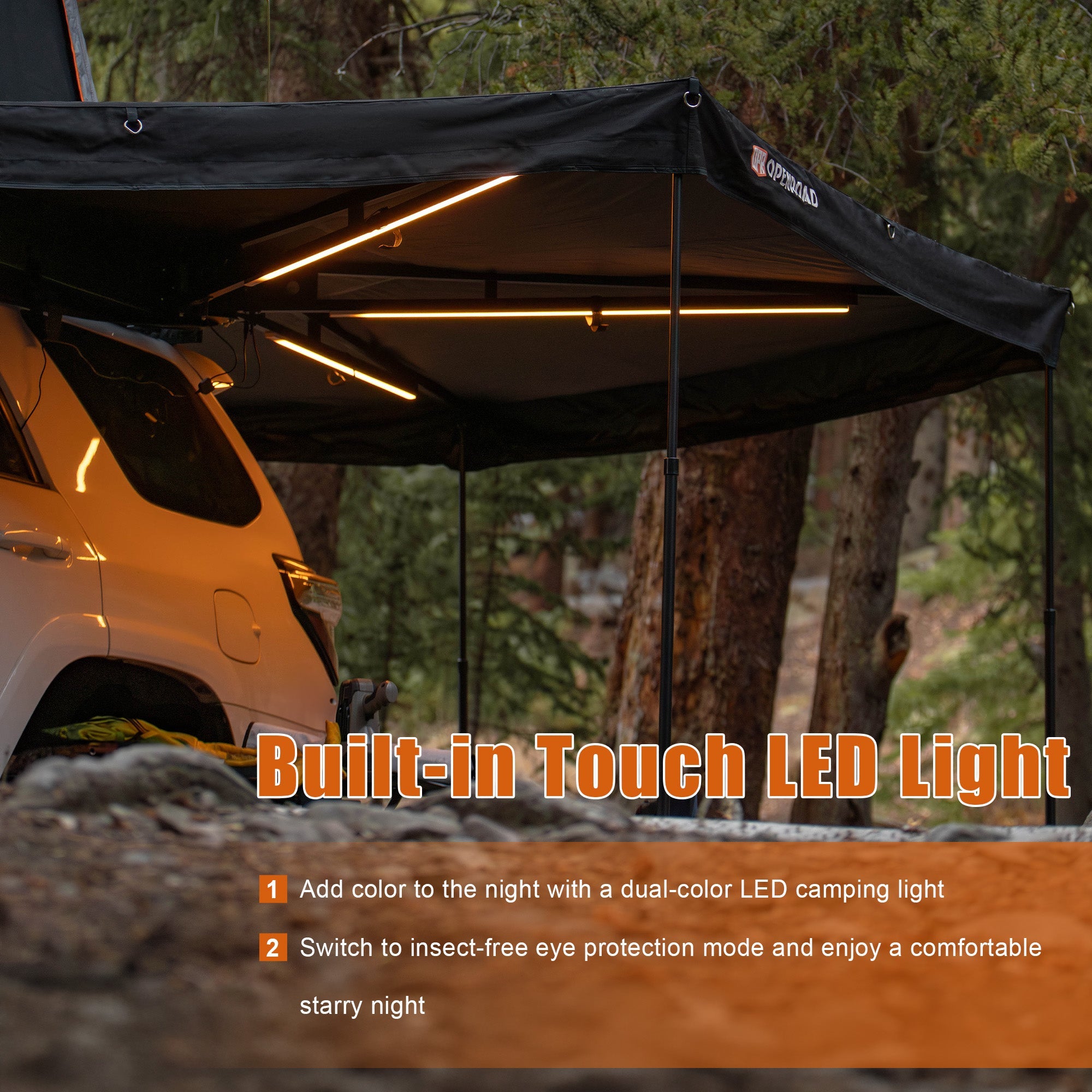Built-in touch LED light on OpenRoad 270 degree awning at night for insect-free camping illumination