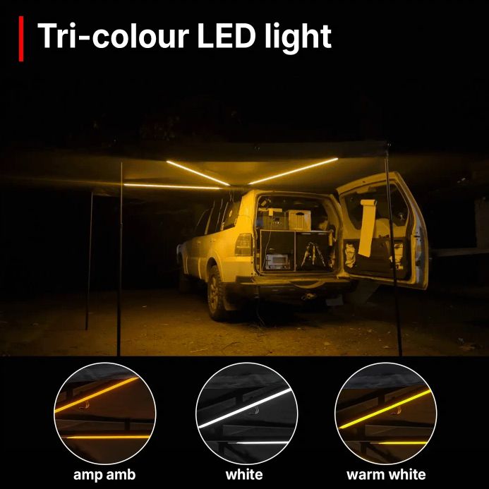 Animation of tri-colour LED light on OPENROAD 270° Plus Awning switching warm, cool and insect-free modes for night camping