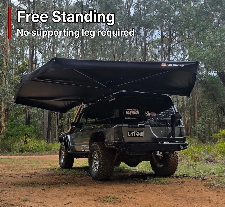 Free standing OPENROAD 270° Plus Awning - Extra Shade no supporting legs required on 4x4 in woods