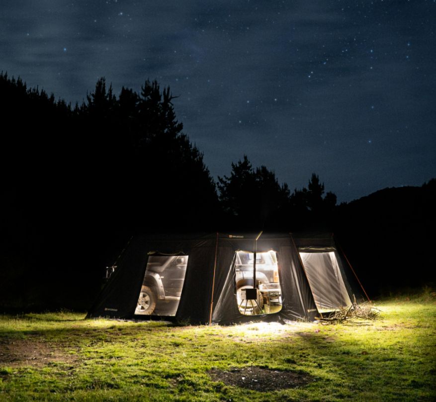 Nighttime view of OPENROAD 270° Plus Awning Side Walls offering weatherproof privacy shelter under starry sky