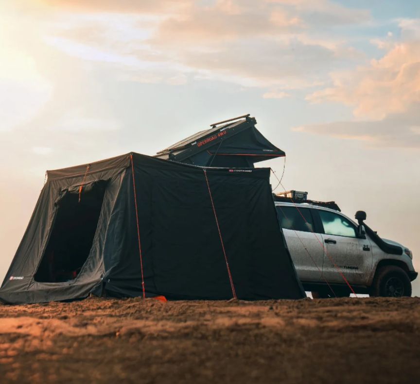 OPENROAD 270 awning side walls offering full privacy enclosure for camping setup next to off-road vehicle
