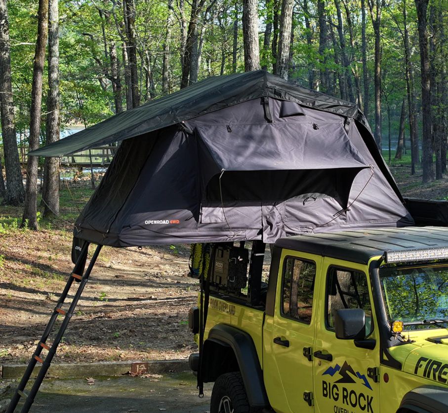 Car roof tent on yellow Jeep 4x4, off road camping trailer compatible UK